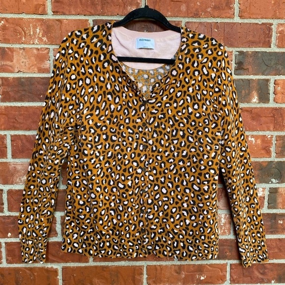 Old Navy Womens Large Mustard Leopard Animal Print Vneck Cardigan Sweater - Picture 1 of 8